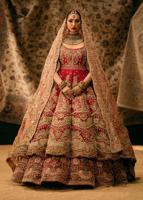 Pakistani Bridal Dress in Red Lehenga Pishwas Style
